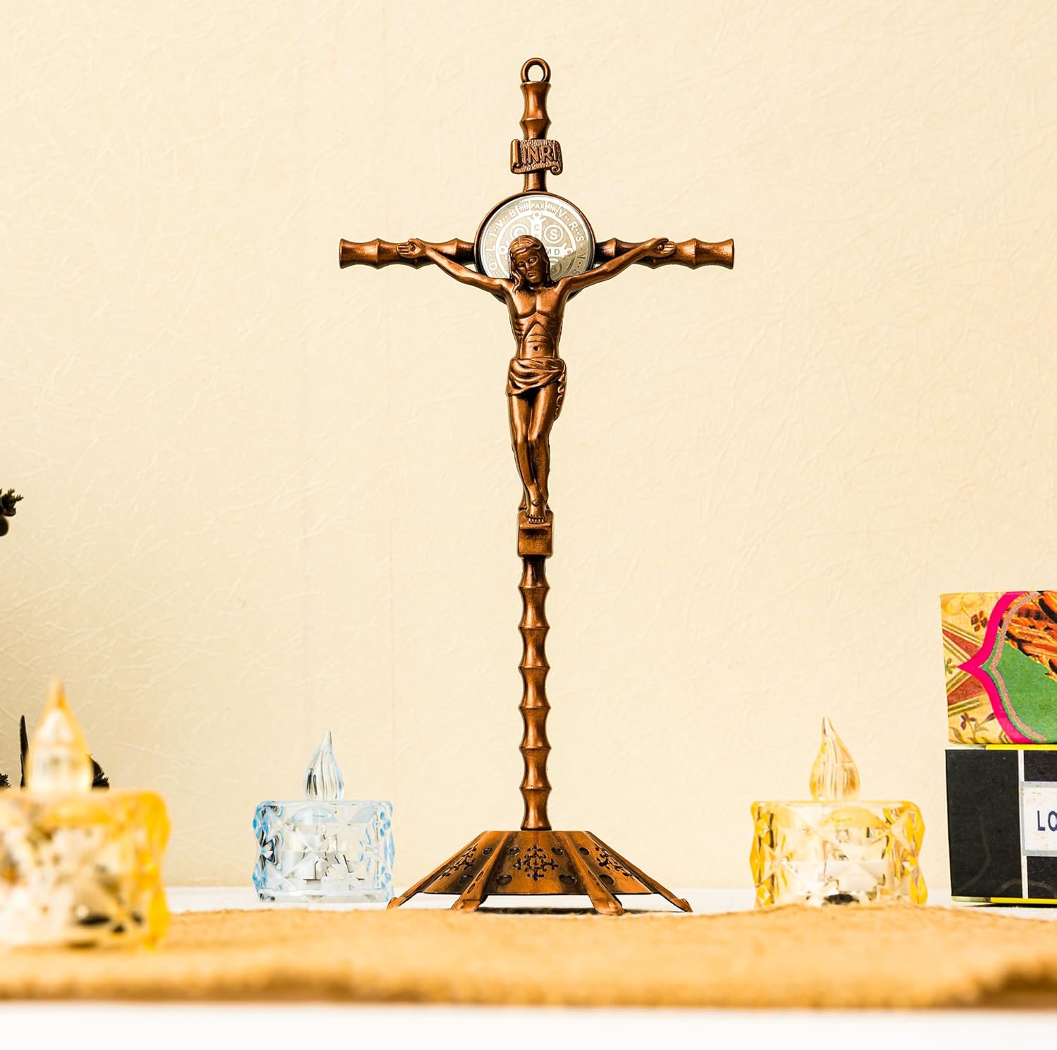 Calculs Metal Jesus Crucifix Table Cross for Catholic Table Cross With Stand For Christian Prayers Jerusalem Home Decor 10" Copper - Image 2