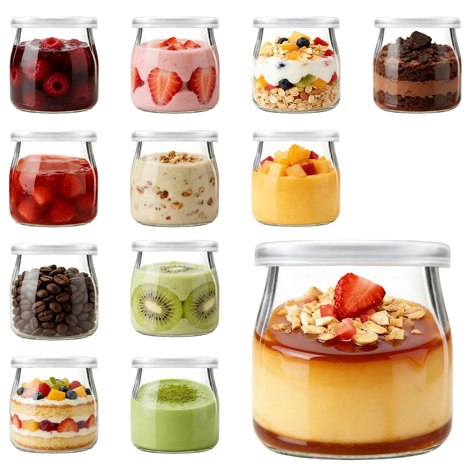 Meetoz Transparent 12Pcs 200Ml Pudding Glass Bottle,Yogurt Glass Jars With Plastic Lid,Mini Cup Small Glass Bottles For Yogurt Making, Pudding, Milk, Jelly
