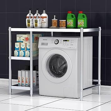 Stainless Steel Washer Dryer Stacking Rack Stand,Heavy Duty Over Washer&Dryer Shelves With Adjustable Shelf,3 Tiers Over The Washer And Dryer Storage Shelf,Adjustable Bathroom OrganizationL90*90cm/35