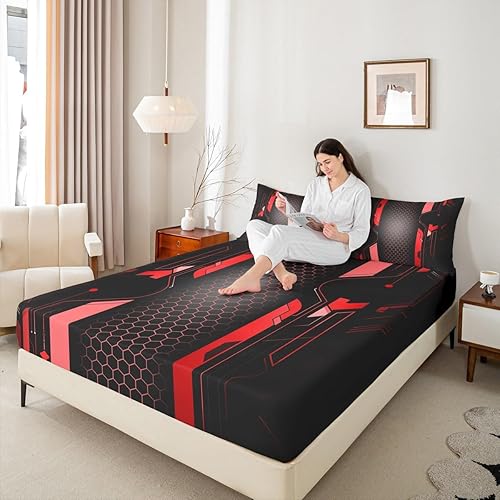 Miniatura 2 de Manfei Sábana bajera ajustable de panal rojo, tamaño matrimonial, juego de ropa de cama hexagonal geométrica de 3 piezas para decoración de
