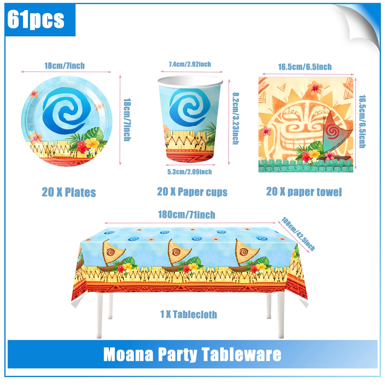 61 pezzi Set di stoviglie a tema Moana, articoli per feste Oceanic Adventure, festa di compleanno in stile hawaiano, per un massimo di 20 ospit