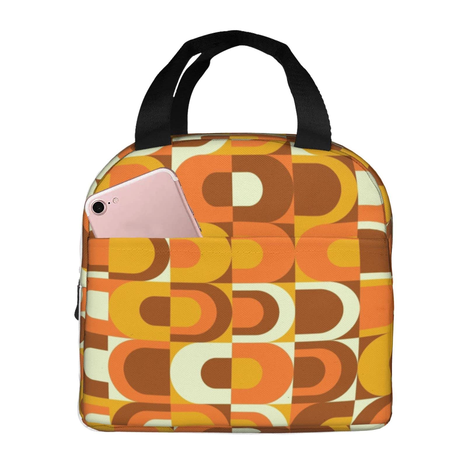 Larklitz 70s Pattern Retro Industrial In Orange And Brown Tones Reusable Insulated Lunch Bag For Women Men, Waterproof, 8.5"x8"x5"/22x20x13 cm