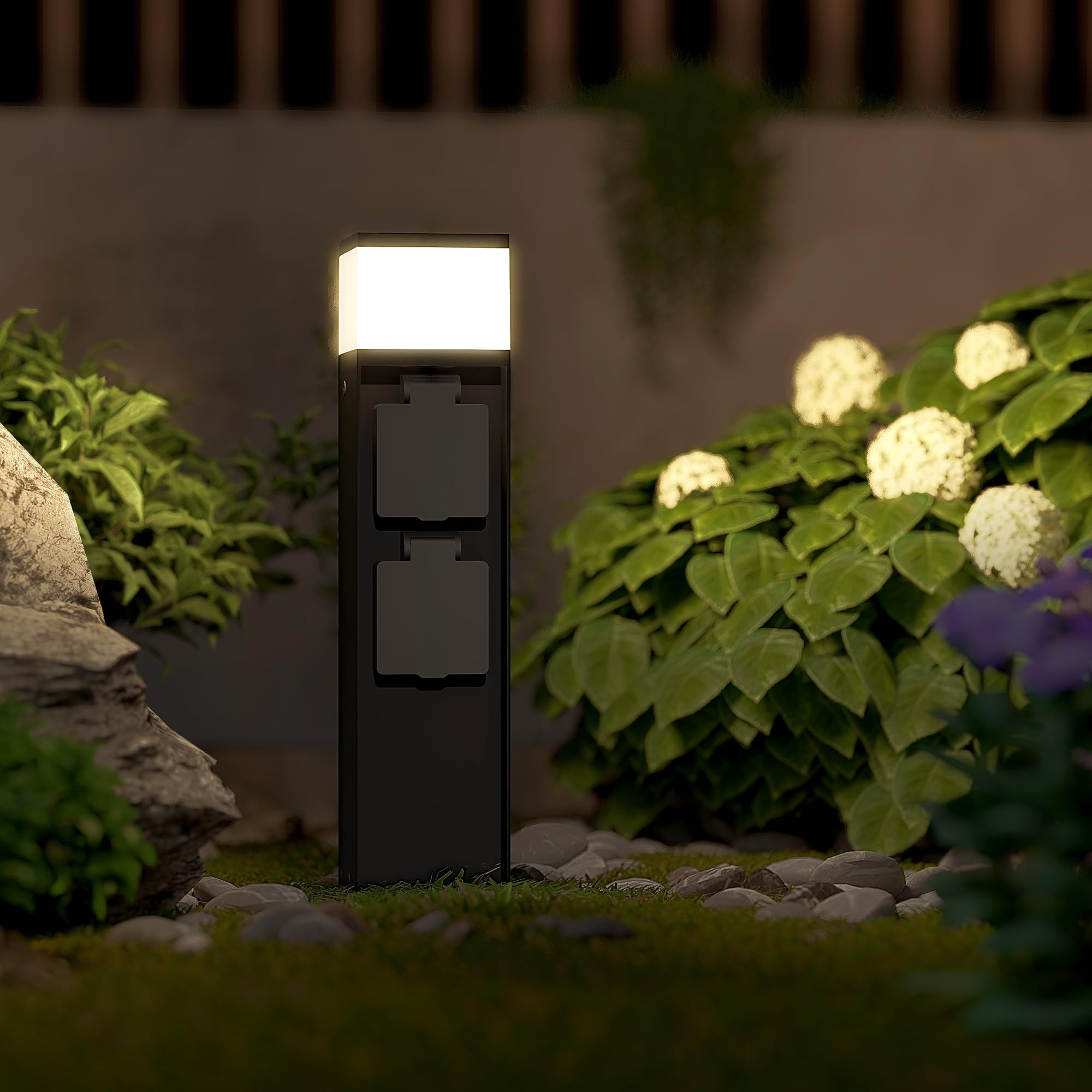 SSC-LUXon ZAVO Energiesäule schwarz IP44 inkl. LED G9 3W warmweiß und 2 Schuko-Steckdosen wetterfeste Energiesäule Gartenstrahler