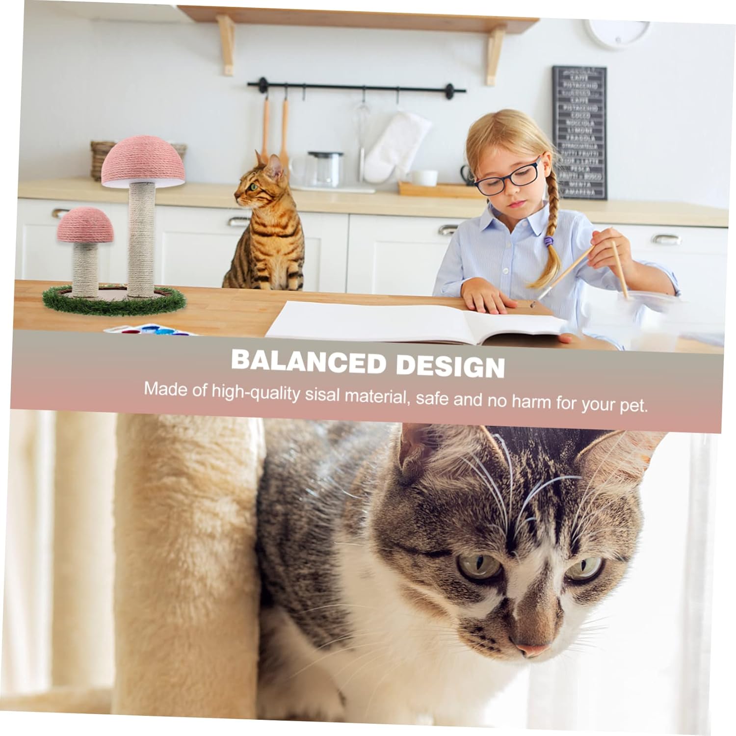 Natural Hemp Mushroom Shape Cat Scratching Post Sturdy Cat Climber and Scratch Toy Grass Simulation for Indoor Kittens