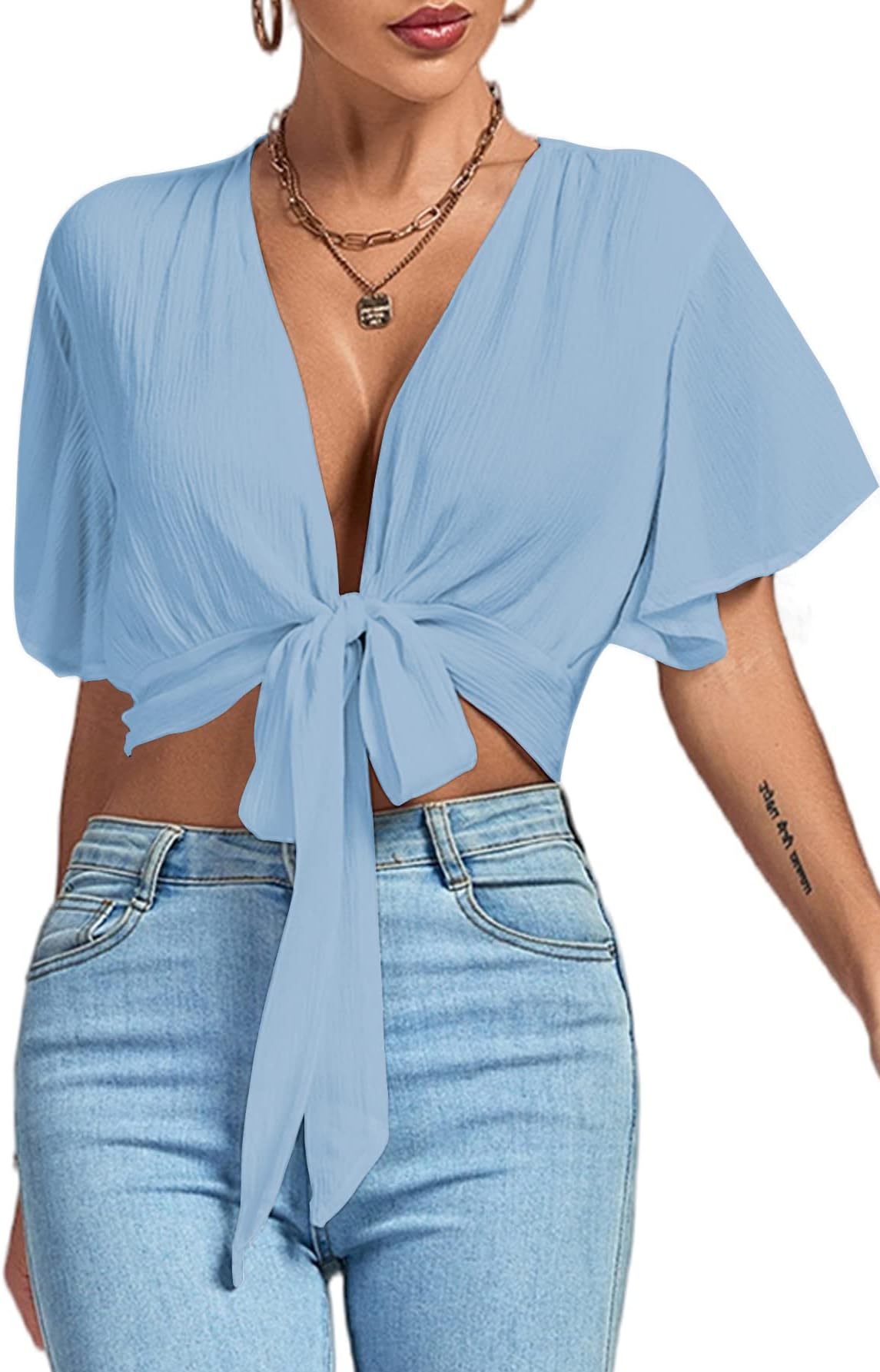 LYANERWomen's Deep V Neck Tie Front Knot Wrap Ruffle Short Sleeeve Crop Top Blouse