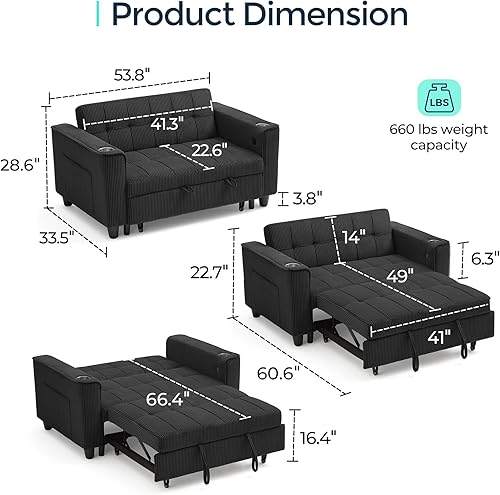 Miniatura 2 de LINSY Sofá cama convertible 3 en 1, sofá cama extraíble de 54 pulgadas con estación de carga y soporte para tazas, sofá biplaza plegable pequeño con
