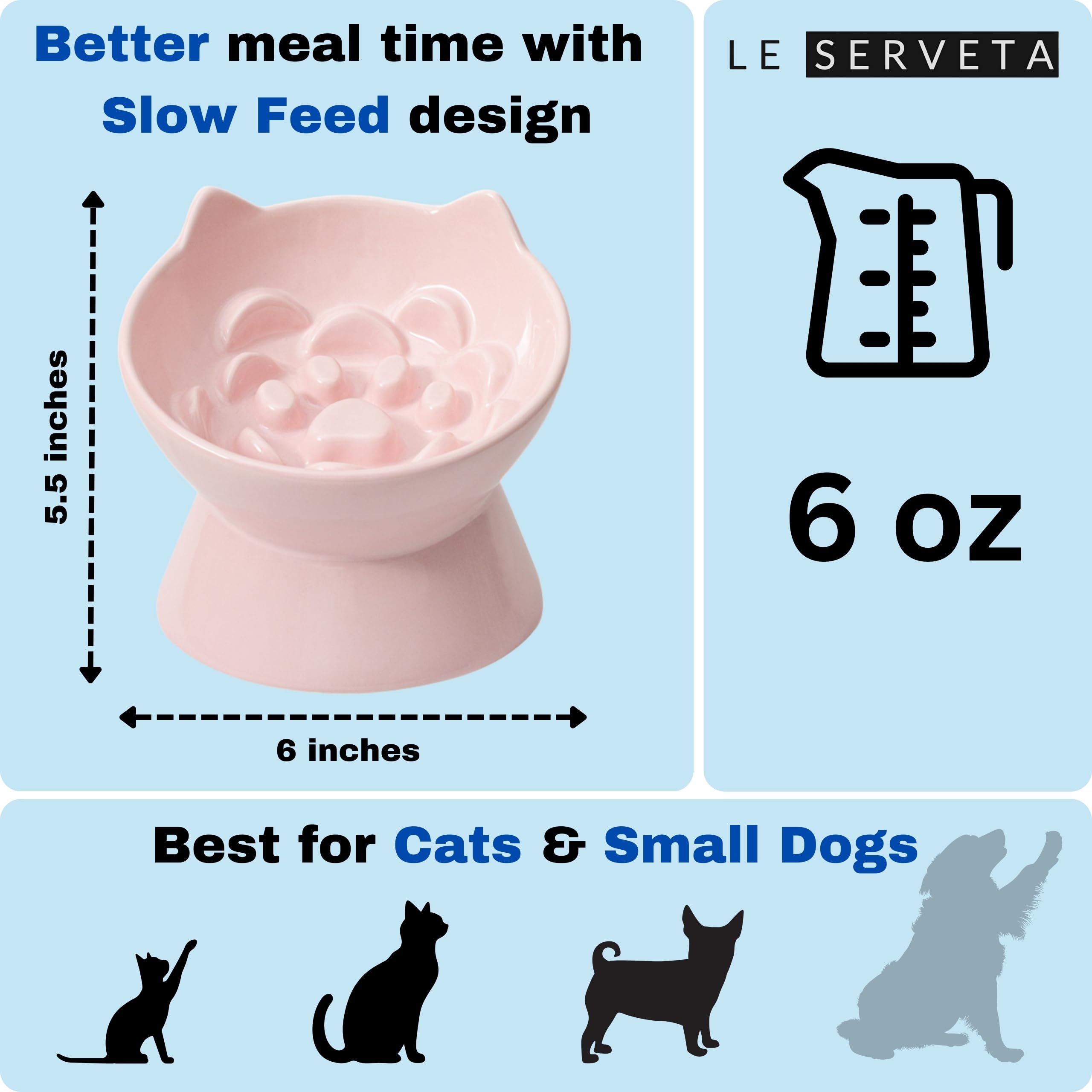 LE SERVETA Macaron Ceramic Slow Feeder Cat Bowl - Raised Puzzle Bowl With Cute Ears, Anti-Vomit & Whisker Friendly (Green)