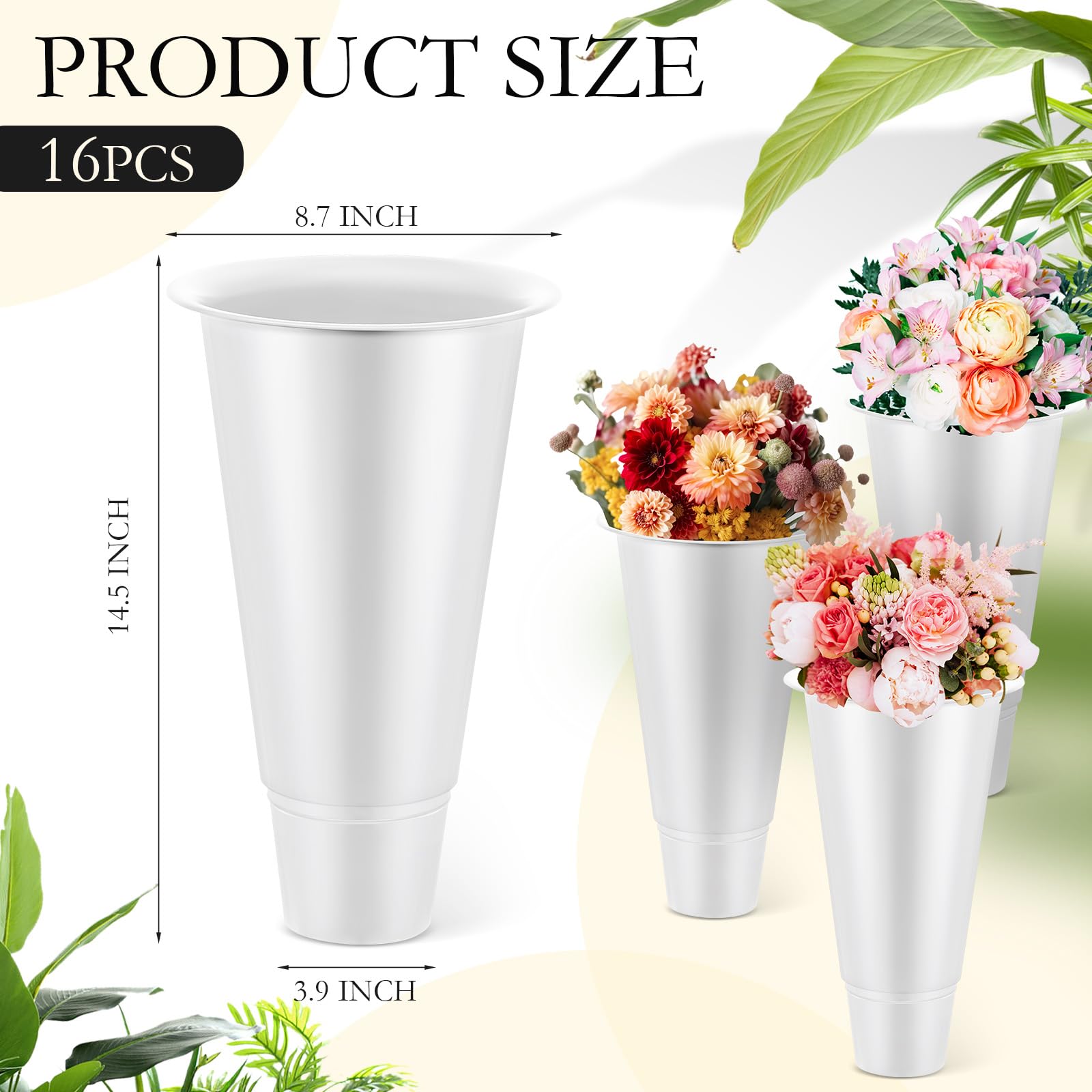 12 Pcs Plastic Flower Buckets Bulk 14.5 Inch H 8.7 Inch W Wake up Flower Display Buckets Tall Vase Bucket for Cut Flowers Indoor Outdoor Home Wedding Flower Display Florist Supplies (White)