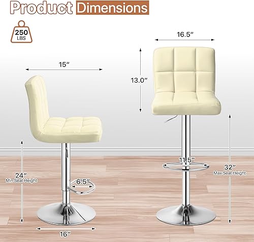 Miniatura 49 de Magshion Juego de 2 taburetes de bar, modernos taburetes de bar giratorios de piel sintética con respaldo, sillas de bar cuadradas ajustables sin