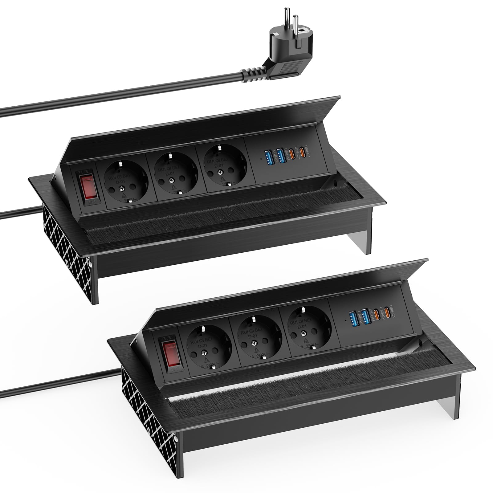 Confezione da 2 prese da incasso in alluminio con 3 prese e 4 USB (2X USB-C PD 30W), presa da tavolo a scomparsa con angolo regolabile, per scrivania e ufficio, cavo da 1,8 m, nero