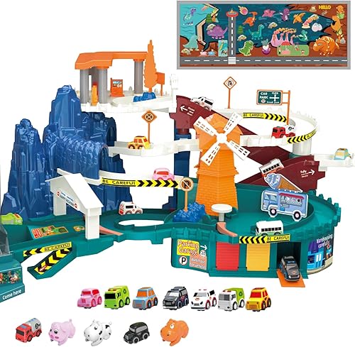 Losbenco Juego de pista de carreras para niños, juguete de aventura de estacionamiento de garaje con 14 mini autos y 3 figuras de animales, juguetes