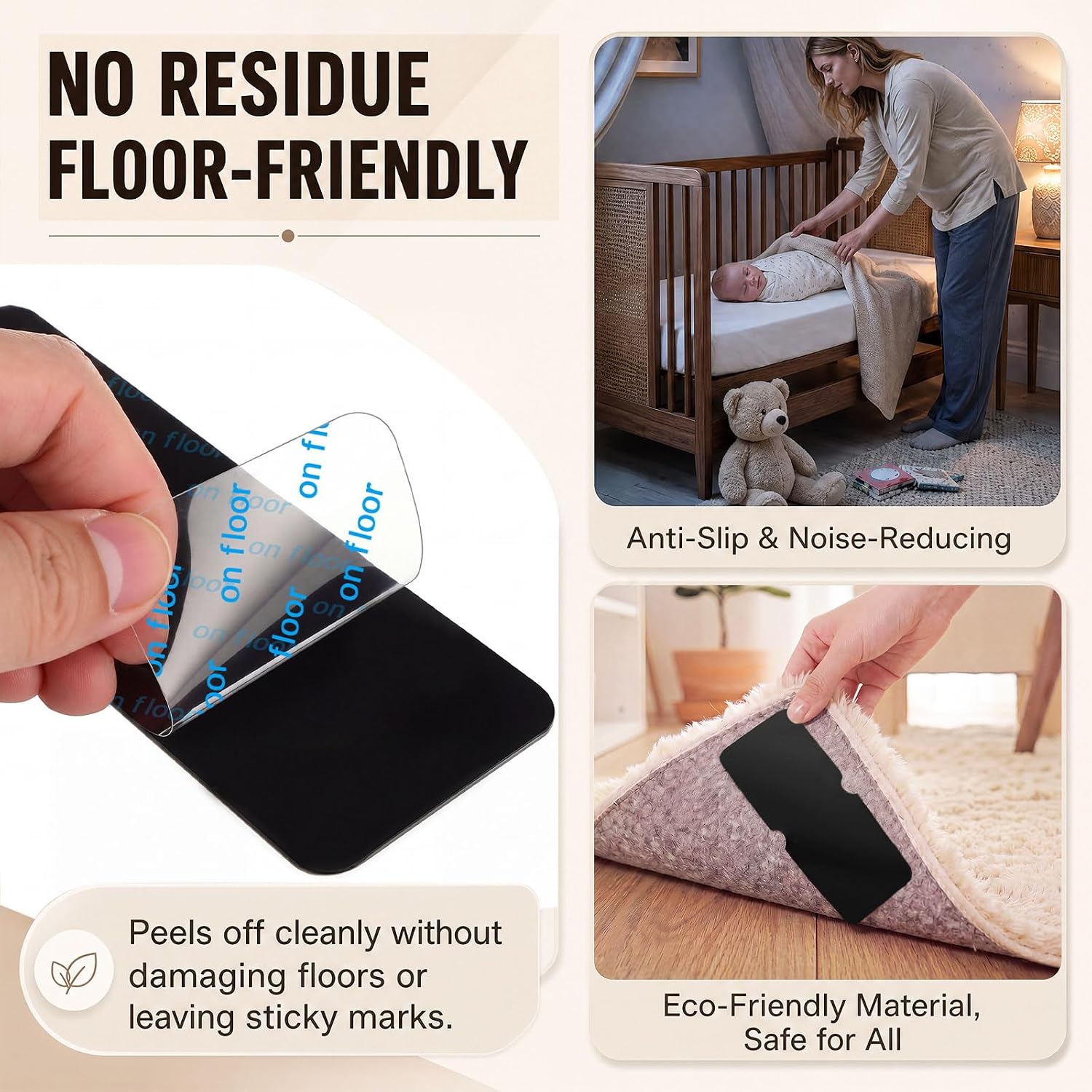 48 Pcs Cuttable Rug Grippers Bulk Reusable Carpet Tape for Hardwood Floors Black Washable Grippers Non-Slip Rug Pads Keep Corners Flat for Tile Laminate Wood Floors