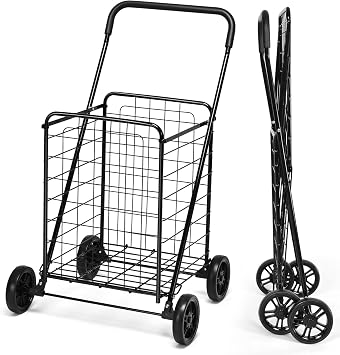 TANGZON Folding Shopping Cart on Wheels, 83L Capacity Metal Grocery Cart with Non-Slip Handle, Lightweight Portable Utility Push/Pull Trolley for Mobility Shopping Groceries Laundry Black