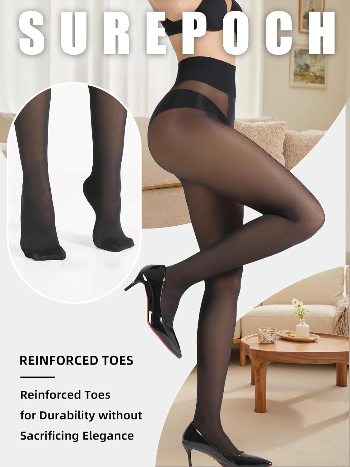 SUREPOCH Sheer Nylon Tights for Women 20D T Crotch Pantyhose Control Top High Waist Black Stockings Reinforced Toe - Image 7