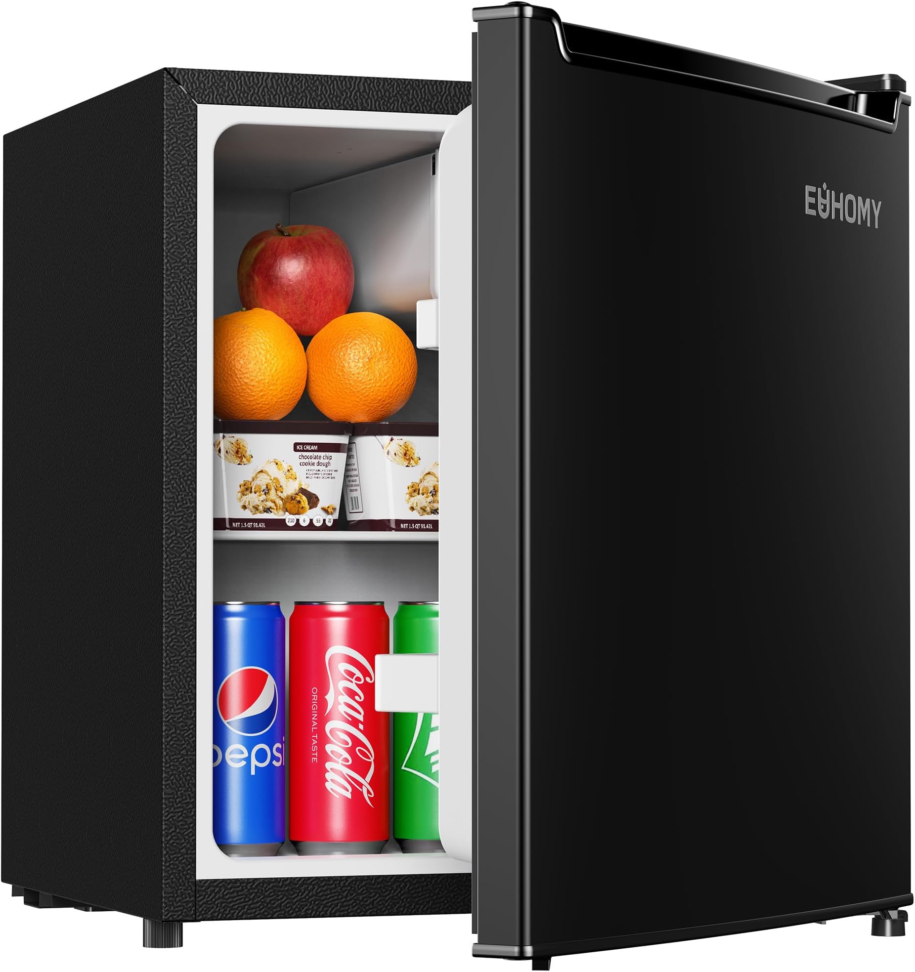 EUHOMY 1.7 Cu.Ft Mini Fridge, Reversible Door Compact Refrigerator, Black | LED Light, 32°F to 50°F, Compressor Cooling, 38 dB, Adjustable Shelves, Reversible Door, Bedroom Use, Dorm Use