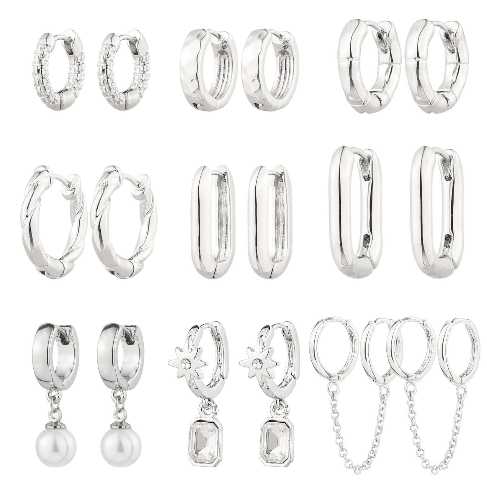 9 Pairs Gold Chunky Hoop Earrings Set for Women, 14K Gold Plated Twisted Huggie Hoop Earring Hypoallergenic, Lightweight Thick Open Hoops Earrings