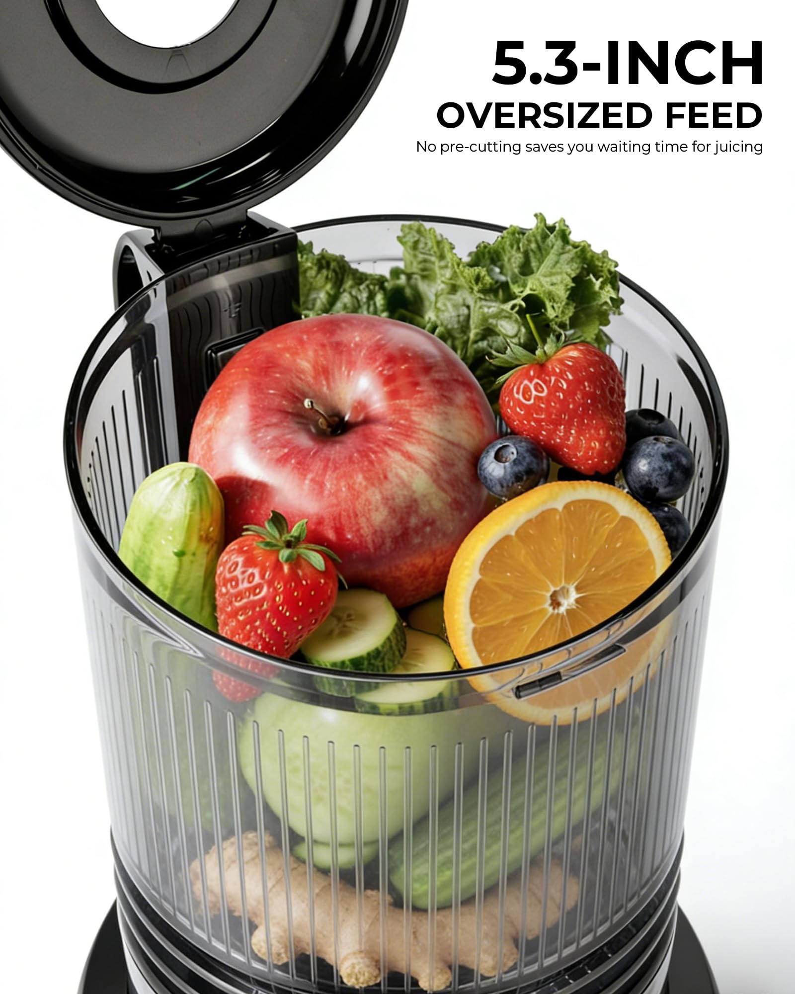 SUSTEAS Máquinas exprimidoras de prensa en frío, canal de alimentación de 13,5 cm (capacidad de 1,5 L), extractor de zumo de masticación lenta de 300 W para frutas y verduras enteras, alimentación
