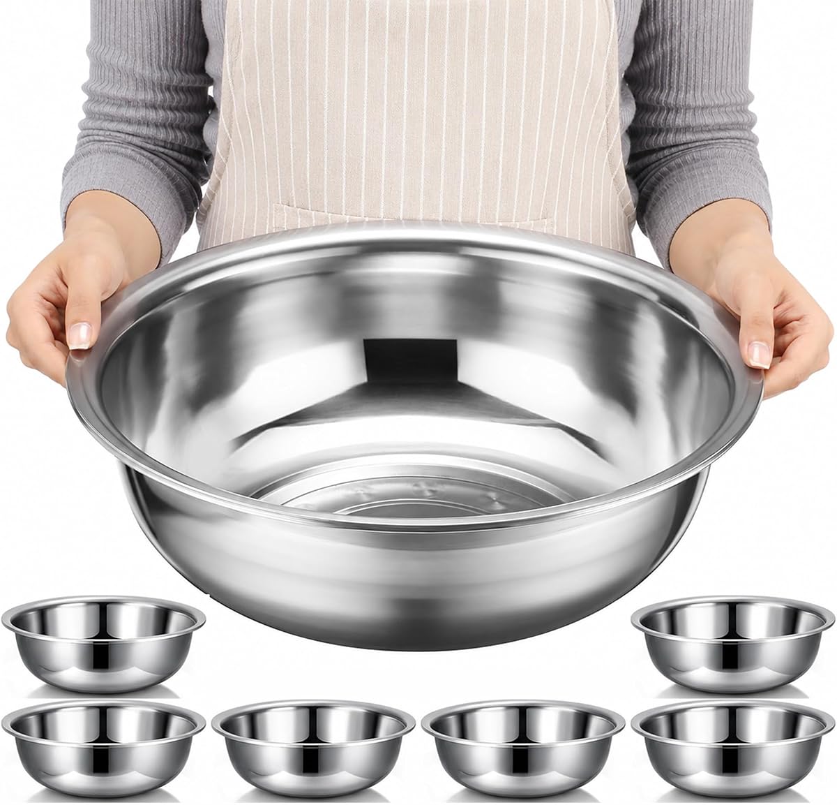 6 Unidades Cuencos Mezcladores de Acero Inoxidable Cuencos Mezcladores de Metal Cuenco Extra Grande Cuenco de Ensalada con Borde Más Profundo, Apto para Lavavajillas, Acabado de Espejo para Hogar y Comercial, Plata (13 pulgadas 7 Qt)
