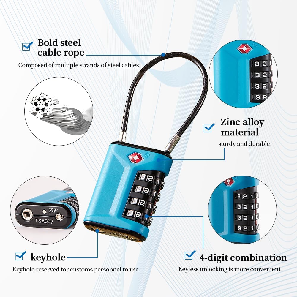 TSA Approved Luggage Locks, 4 Digit Combination Padlocks, Alloy Body (Black)