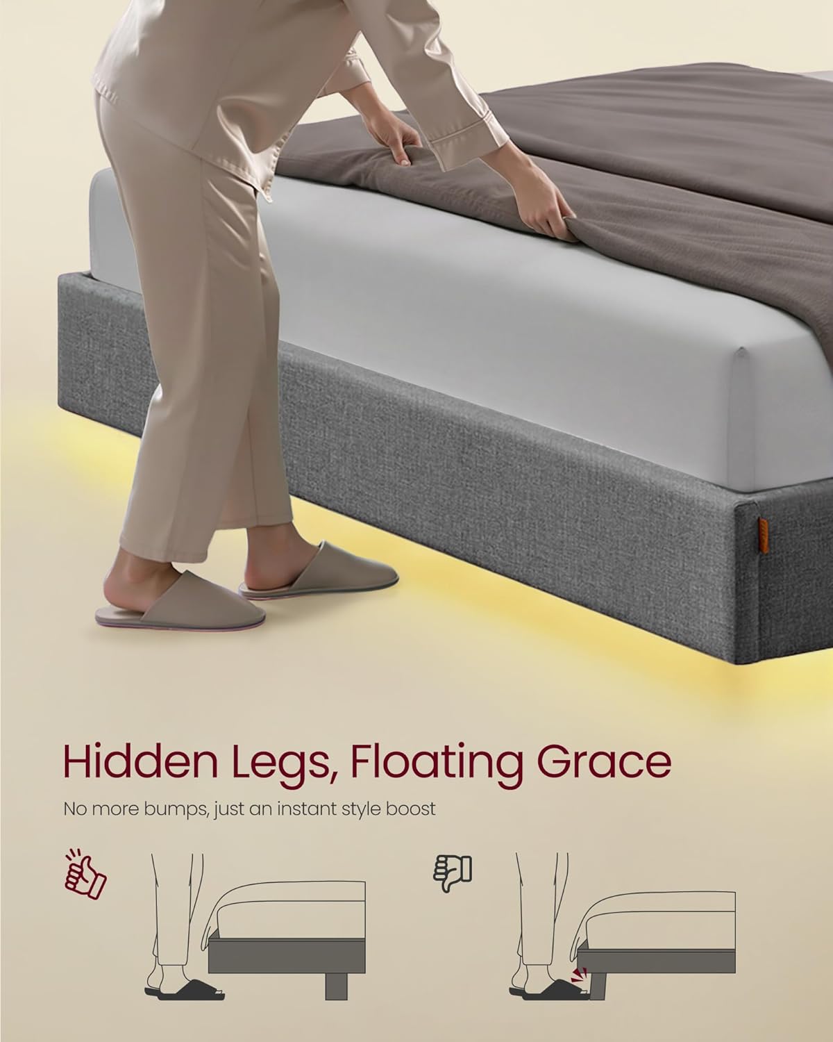 VASAGLE Full Size Floating Bed Frame with LED Lights, Upholstered Full Bed Frame with Charging Station, Tufted Storage Headboard, Noise-Free, No Box Spring Needed, Light Gray URMB852G01V1
