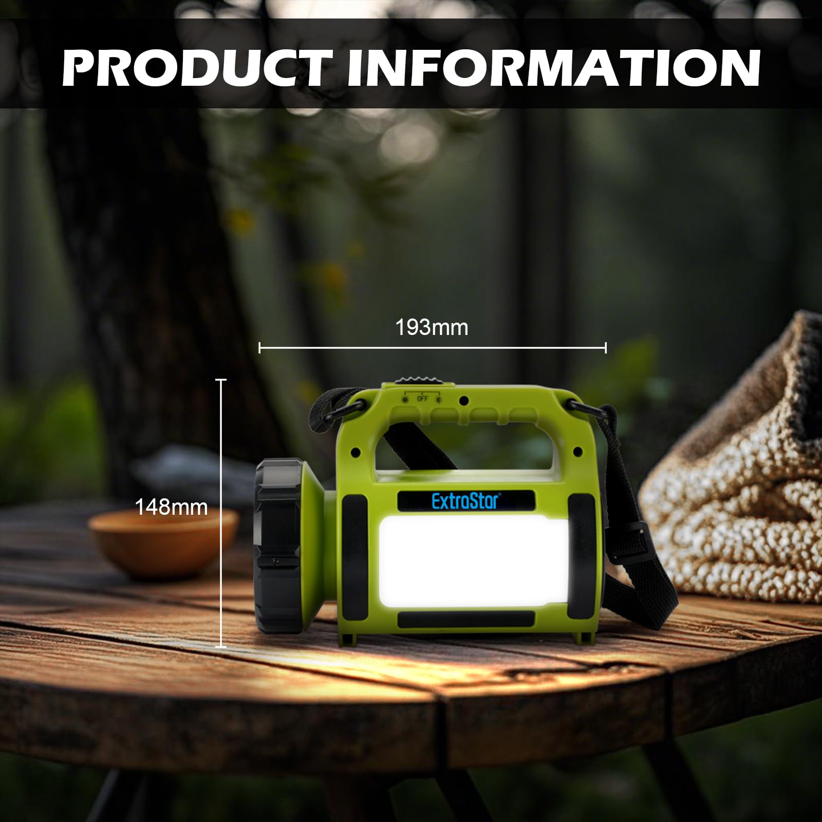 ExtraStar Foco de camping recargable, linterna LED con correa de hombro ajustable, múltiples modos de iluminación (frontal/lateral/intermitente), batería de larga duración, carga USB-C para aventuras