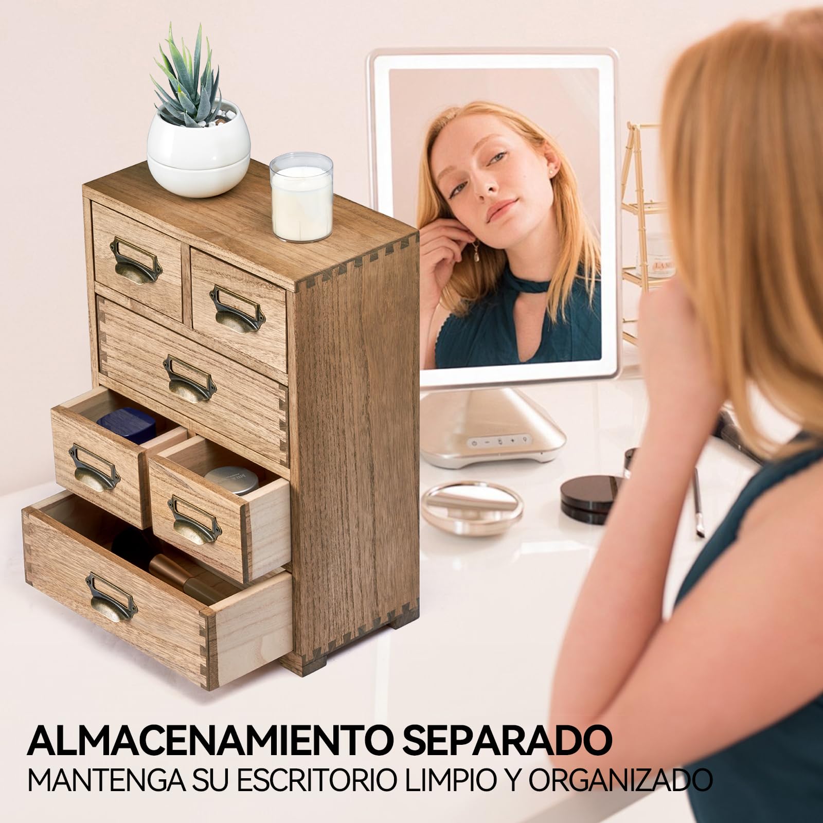 KIRIGEN Caja Organizadora de Madera Maciza para Escritorio y Oficina en Casa - Cajón Multiusos con Gran Capacidad, Diseño Funcional 4 niveles color marrón