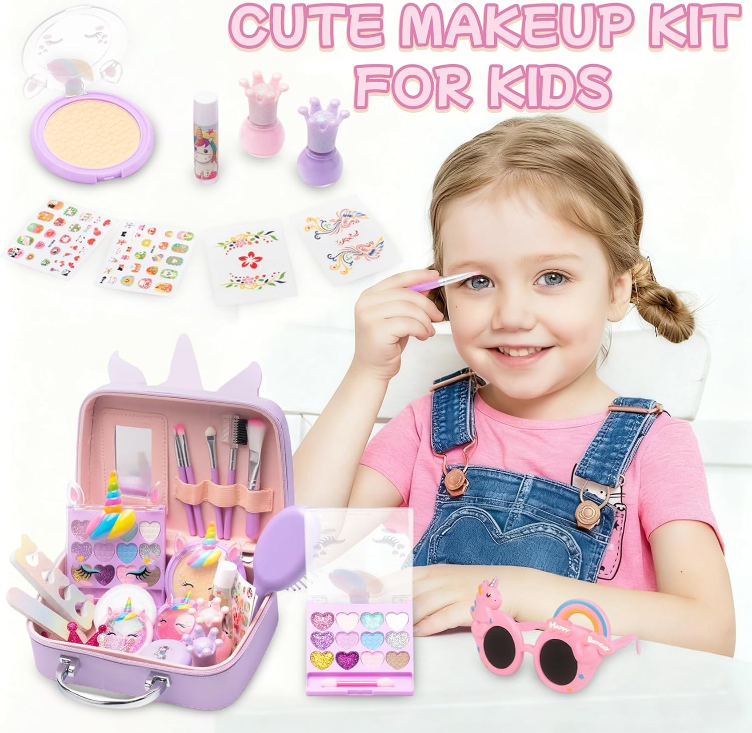 Washable & Non-Toxic Kids Makeup Kit for Girls - Real Cosmetic Toy Set with Mirror, Lip Gloss & Nail Polish for Ages 4-8 - Birthday Gift for 5 6 7 Year Old
