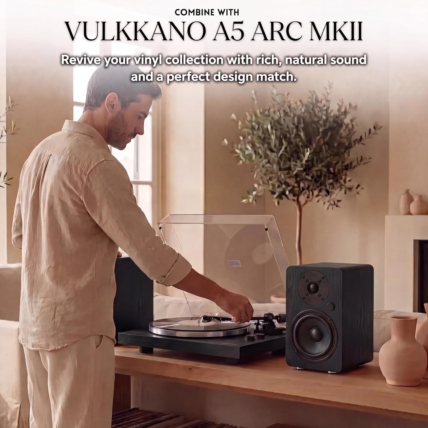 VULKKANO TD20 Tocadiscos de Vinilo con Cápsula AT-VM95E MM, Brazo Anti-Skating, Previo Fono/Línea Integrado y Auto-Stop, Reproductor Vinilo 33 y 45 RPM, Negro Mate