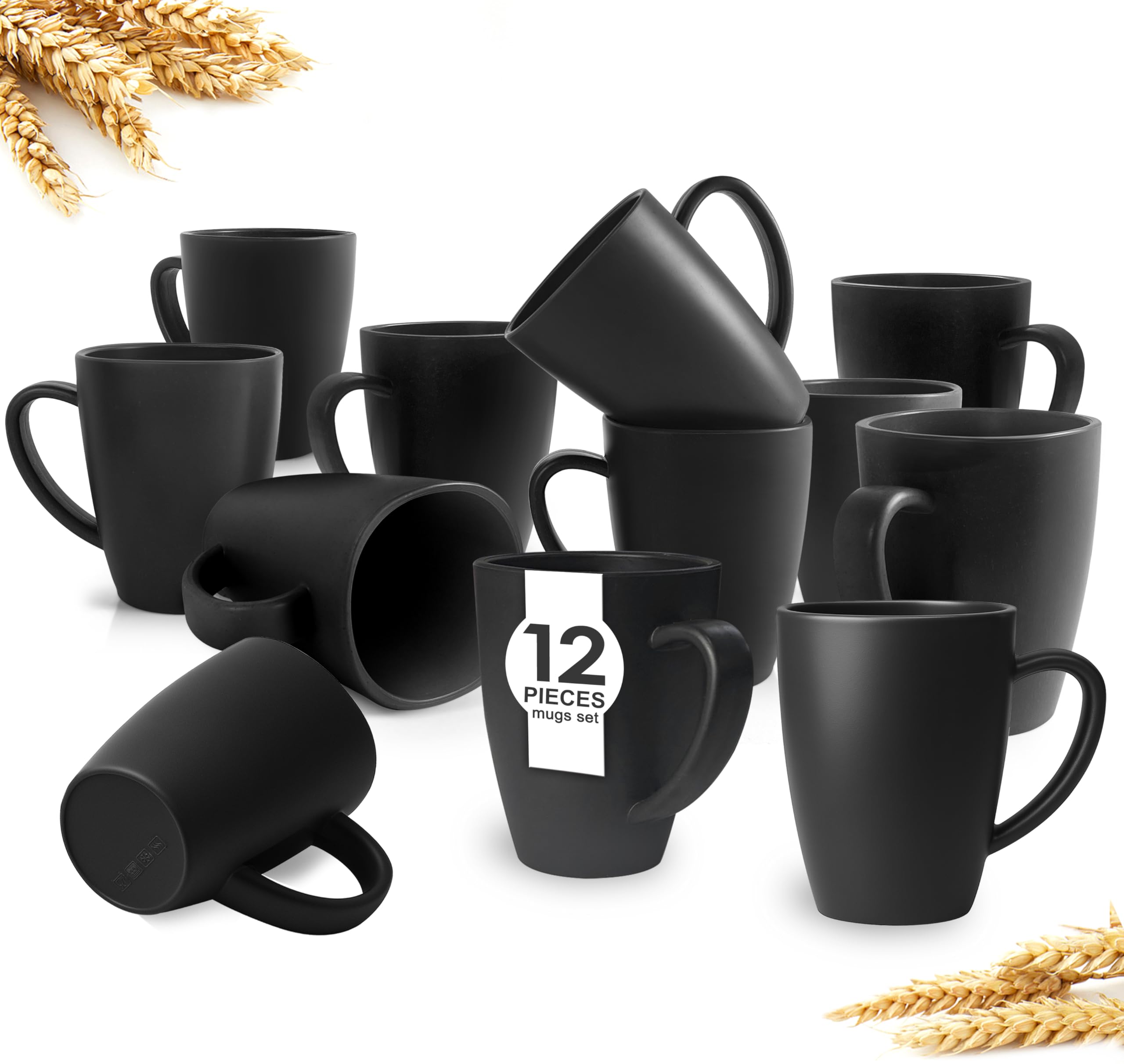 Photo 1 of Teivio 12 Pack Wheat Straw Cups with Handle,Plastic 13.5 oz Squircle Mugs, Reusable Unbreakable Drinking Water Tumblers for Adults, Kids, Coffee, Camping,RV, Dishwasher Safe, Black