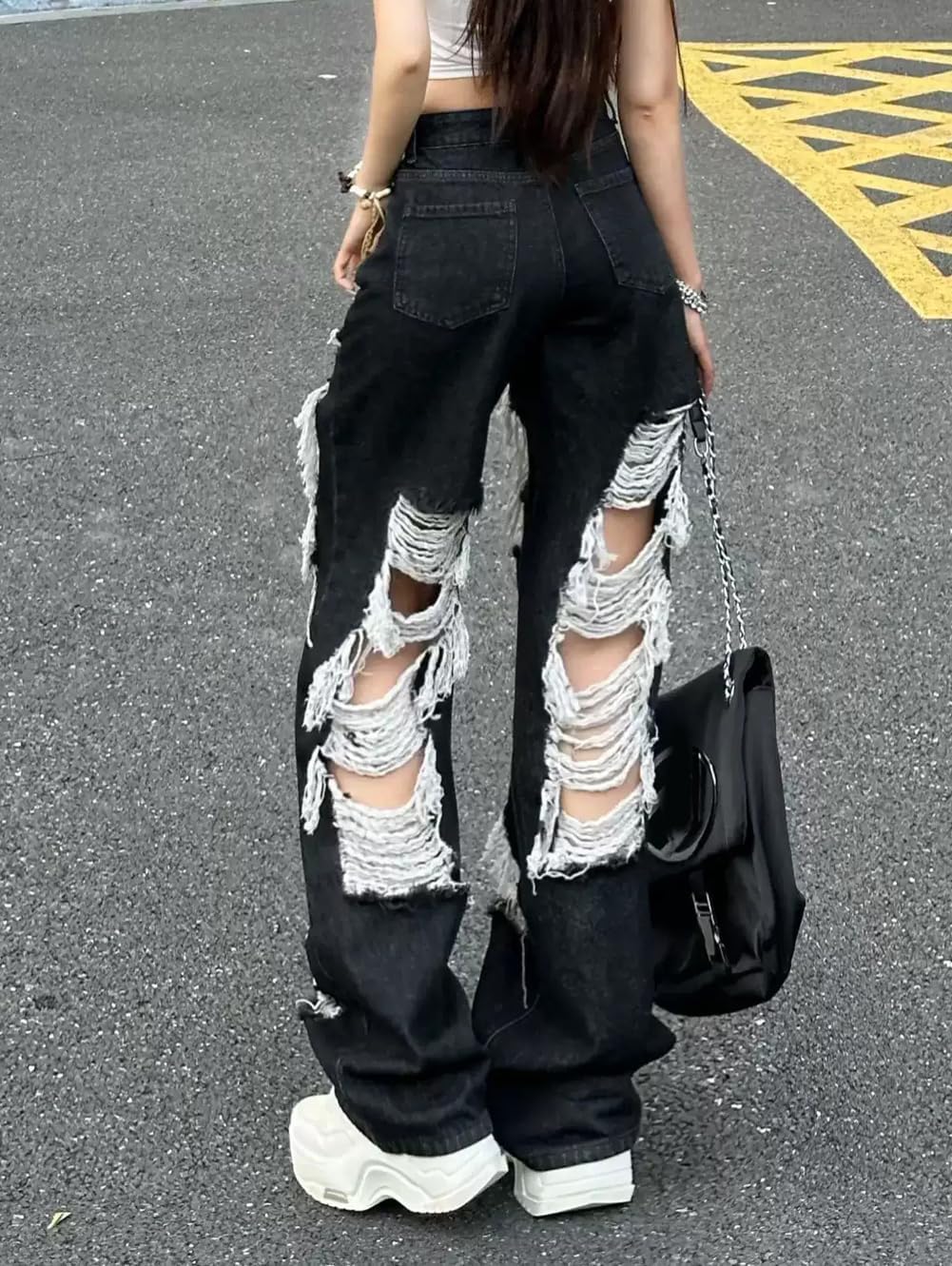 LAFOURAM Womens Ripped Jeans High Waisted Wide Leg Stylish Grunge Distressed Jeans with Holes