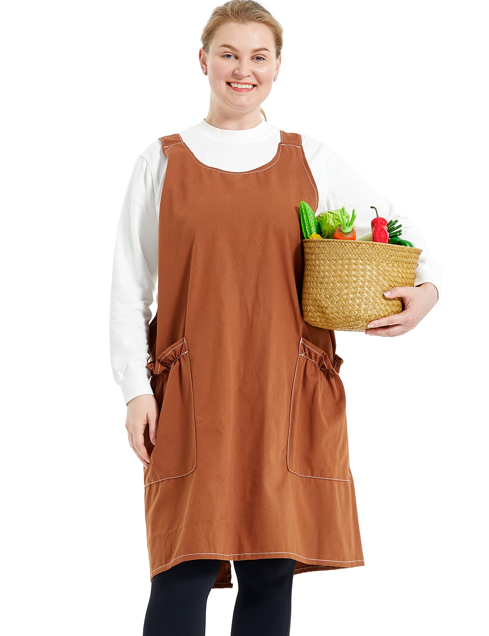 Big Plus Size Aprons for Women with Pockets Cotton Linen Baking Kitchen Cooking, Brown, Large