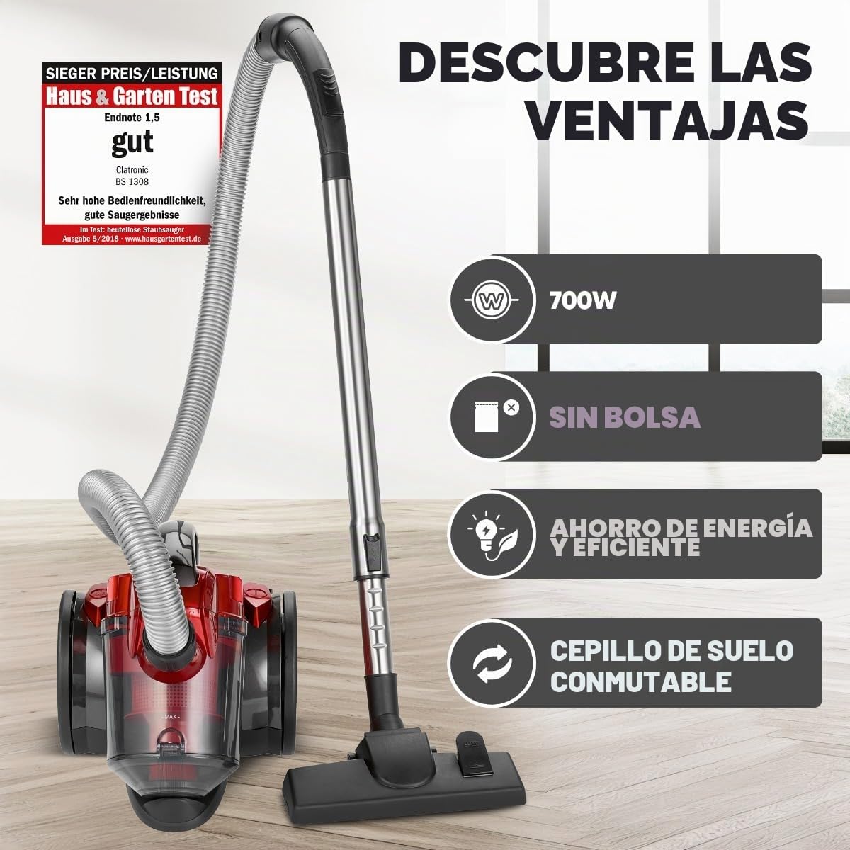 Clatronic BS 1308 Aspiradora ciclónica sin Bolsa Potente, Filtro HEPA, Tubo telescópico Metal, Cepillo Mixto y rinconera,eficiencia energética A, 700 W, Rojo