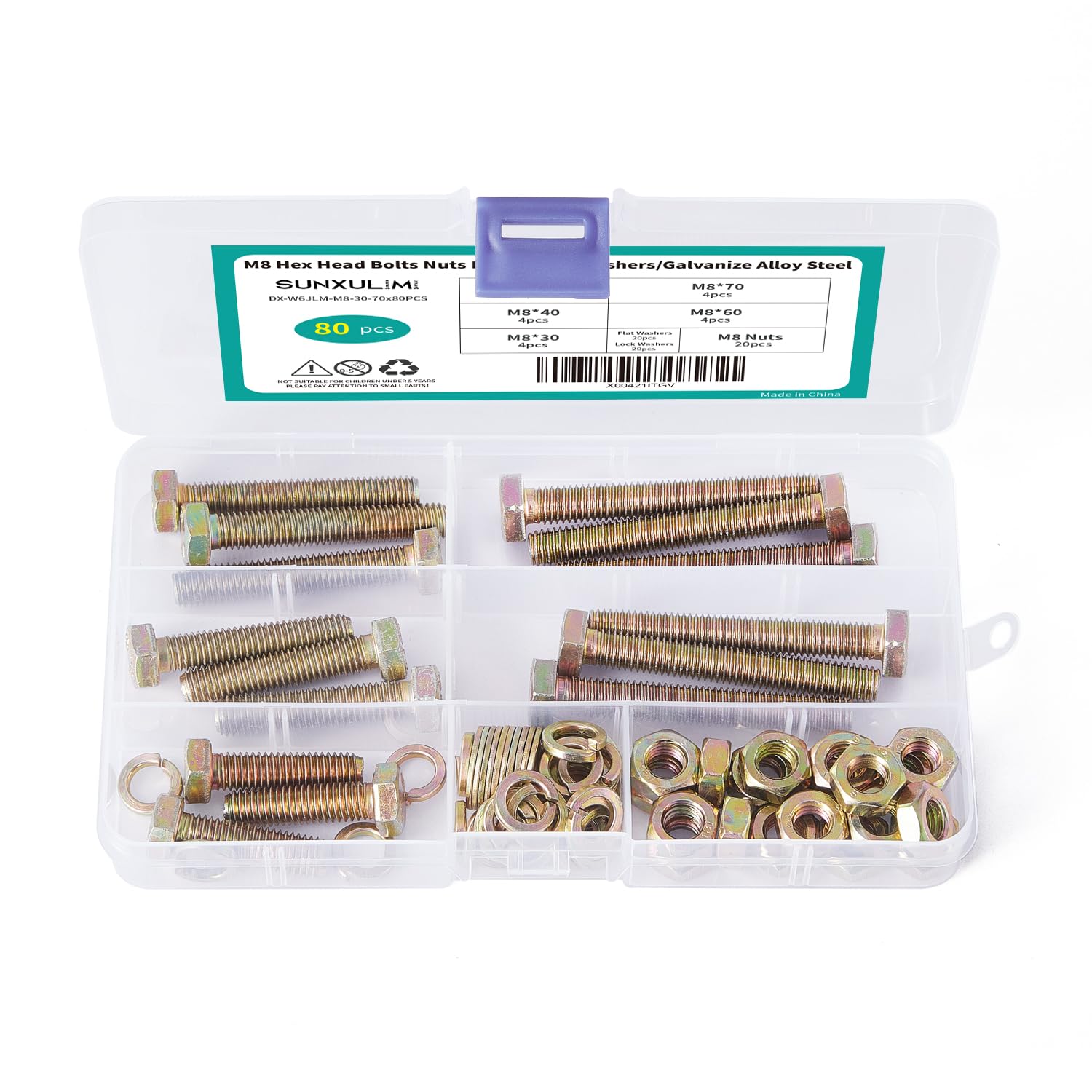 M8 x 30mm 40mm 50mm 60mm 70mm Hex Head Bolts Screws, Nuts, Flat & Lock Washers, 8.8 Grade Alloy Steel, Machine Fully Thread, Galvanize, Assortment Kit