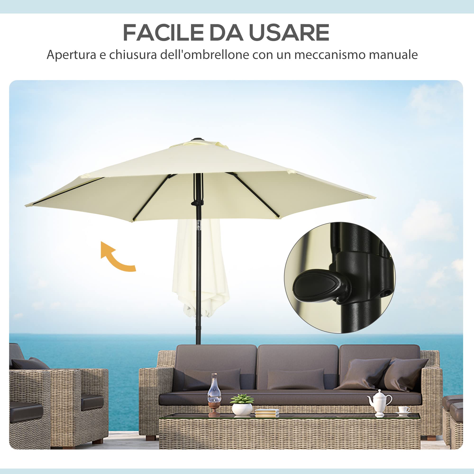 Outsunny Ombrellone da Giardino con Tettuccio 45° 2.7x2.5 m Beige e Nero | Poliestere e Metallo, 6 Stecche