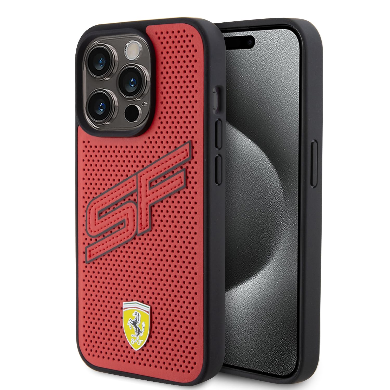CG MOBILEFerrari Phone Case Compatible with iPhone 15 Pro in Red Perforated Big SF, PU Leather, Anti-Scratch, Smooth Protective Case with Easy Snap-on, Shock Absorption & Signature Logo