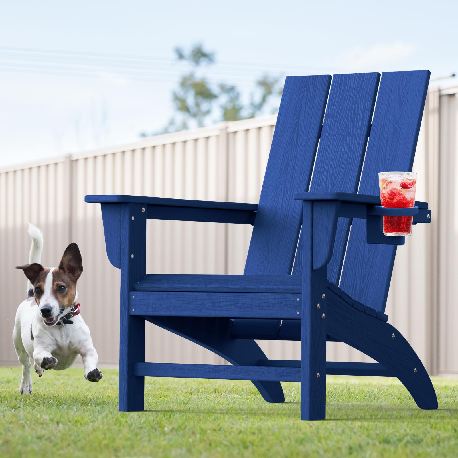 Navy Blue POLYDUN Modern Adirondack Chair in an outdoor setting