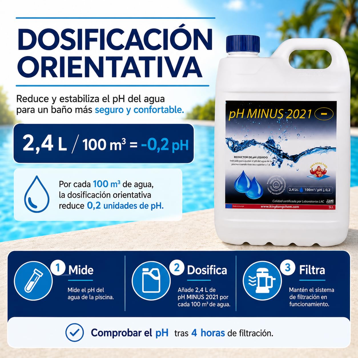 Pack 2 UDS Minorador de pH para Piscinas Compatible Poliester/Liner y electrólisis - PH Minus 10 L (2x5 litros) - Reduce el pH del Agua – Formato Líquido