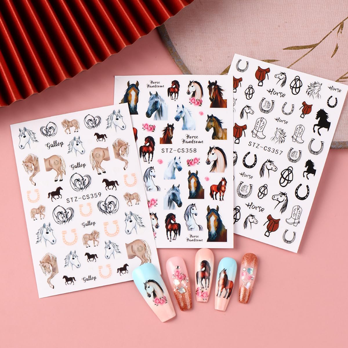 Horse Nail Art Stickers Decals Year of The Horse Nail Decals 6PCS 3D Self-Adhesive Animal Rose Cartoon Chinese Zodiac Design Manicure Sticker Nail Art Supplies for Women DIY Manicure Nail Decorations
