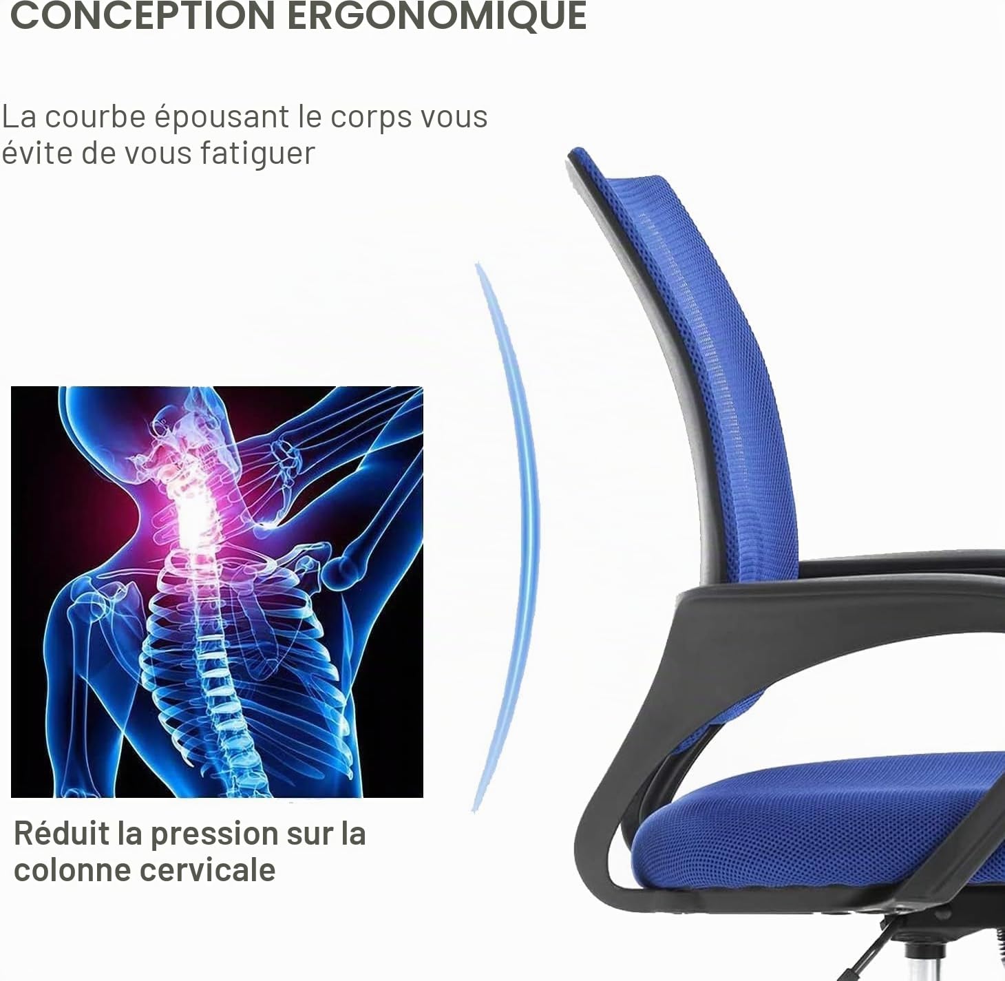 mcc direct - Chaise de bureau ergonomique réglable en maille pivotante avec coussin d'assise rembourré, chaise d'ordinateur à hauteur réglable avec support lombaire et bascule pivotante pour la maison