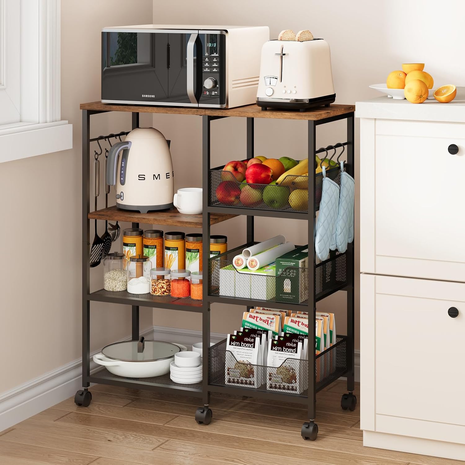 SWTYMIKI Kitchen Island Cart on Wheels - 4 Tier Rolling Kitchen Table Cart with Storage Shelves, 6 Removable Hooks& Locking Casters, Coffee Bar Cabinet for Dining Room Pantry Office, Espresso