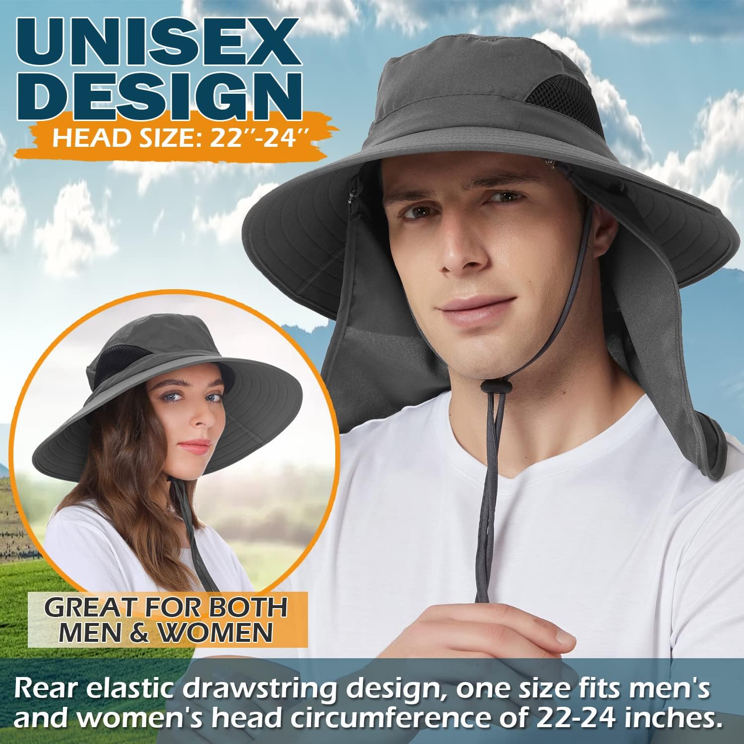 Miniatura 2 de EINSKEY Sun Hat with Neck Flap, UV Protection Waterproof Safari Cap Wide Brim Bucket Hat for Fishing Gardening Hiking Hunting