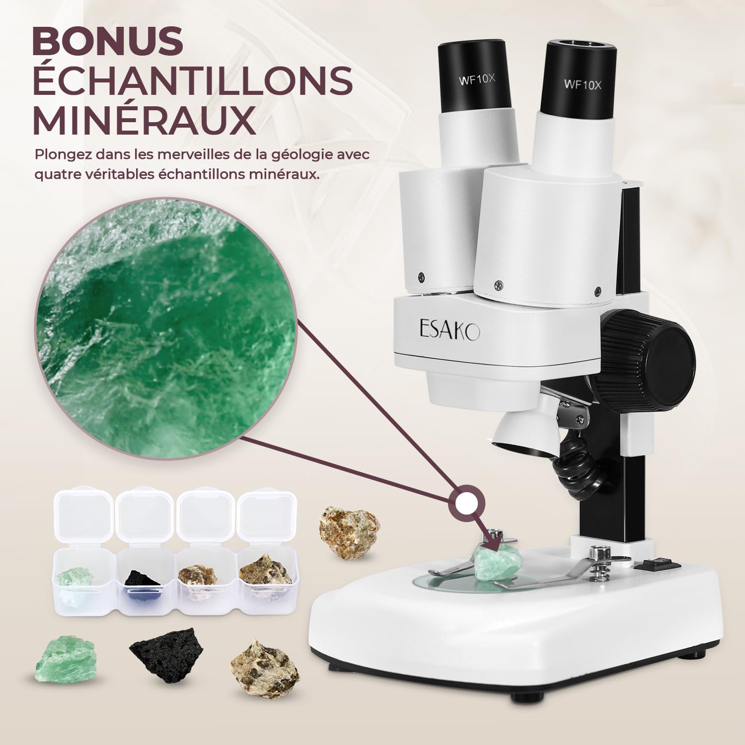 ESAKO Microscope pour Enfants à Double LED - Kit Scientifique avec 10 Lames préparées & 10 Lames Vierges
