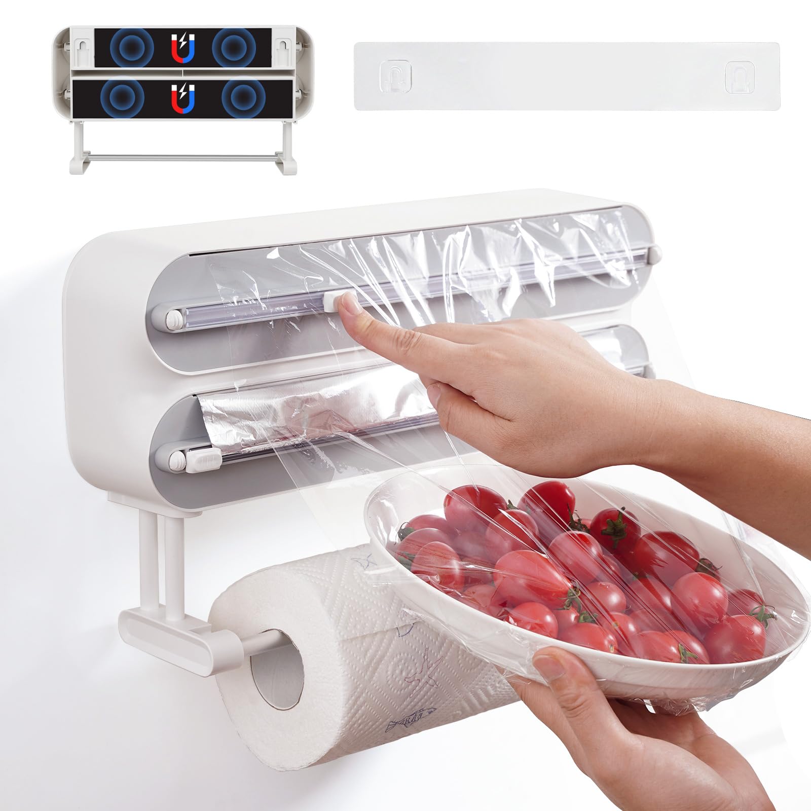 DBREAKS Wandrolhouder keuken 3 rollen, keukenrolhouder, magnetisch, vershoudfolie snijder, vershoudfoliedispenser, aluminiumfoliedispenser, folie papierrolhouder, met vershoudfolie