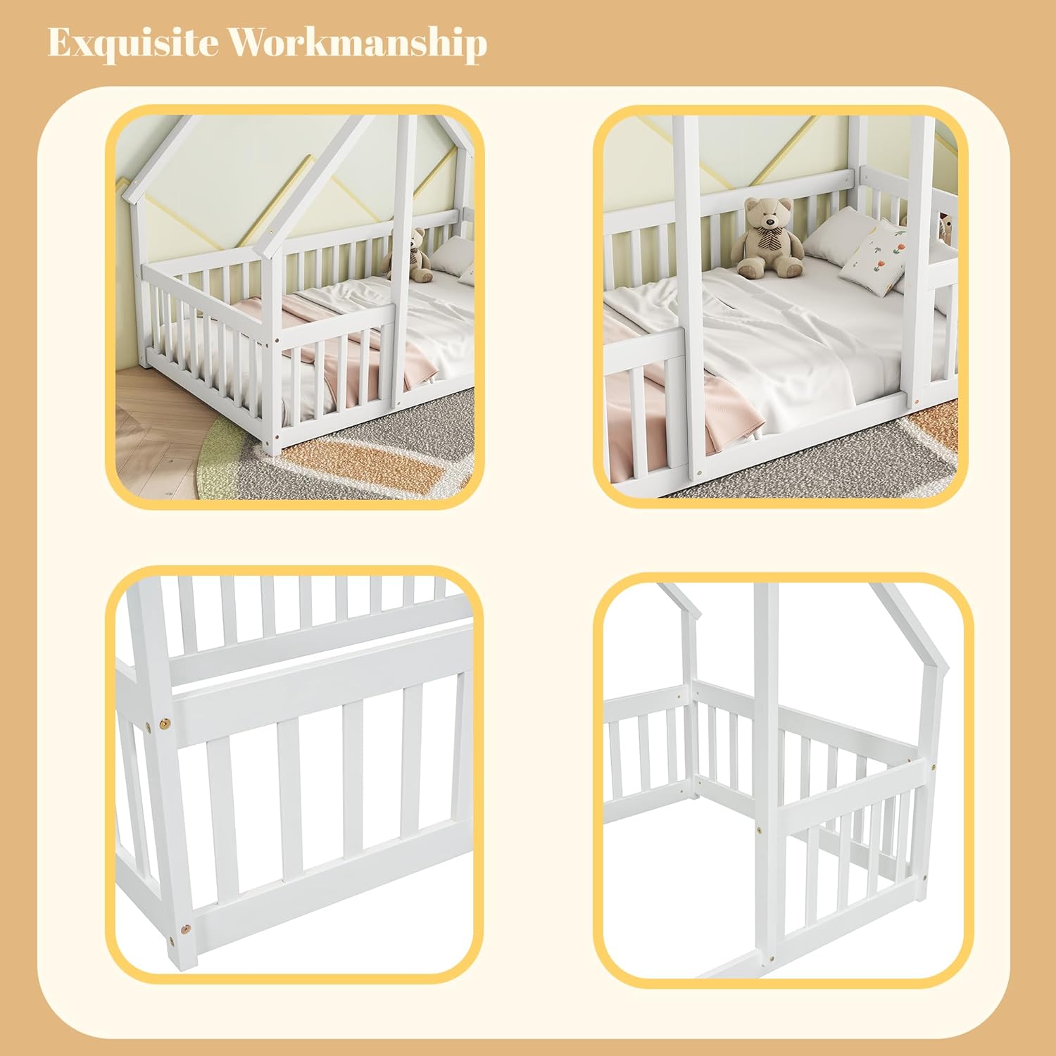 House Bed for Kids, Twin Size Floor Bed with Fence Rails, Wood Montessori Bed Frame for Girls Boys Teens, White