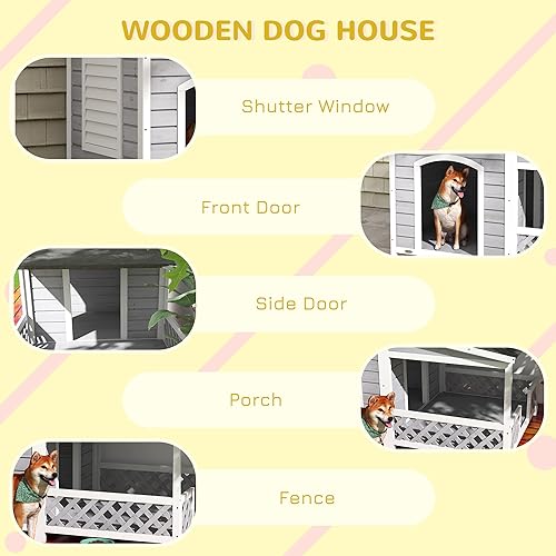 Miniatura 5 de PawHut Casa de madera para perros al aire libre con porche, refugio elevado para perros estilo cabaña con techo de asfalto, puertas y ventana de