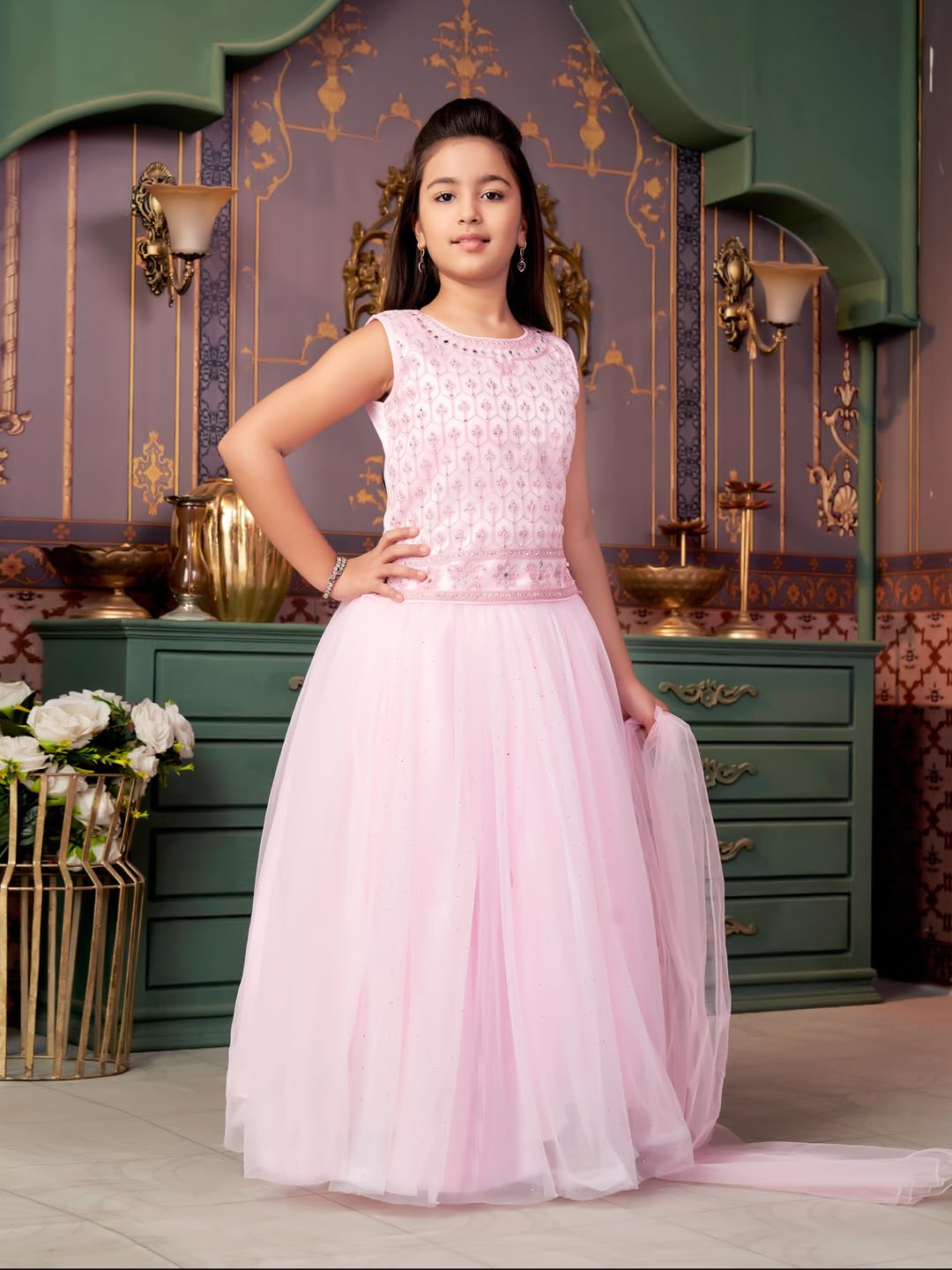 Aarika Girls Ethnic Wear Pink Colour Mirror Embroidery Net Lehenga Choli Set With Dupatta-3-13 Years (Lch-18273)