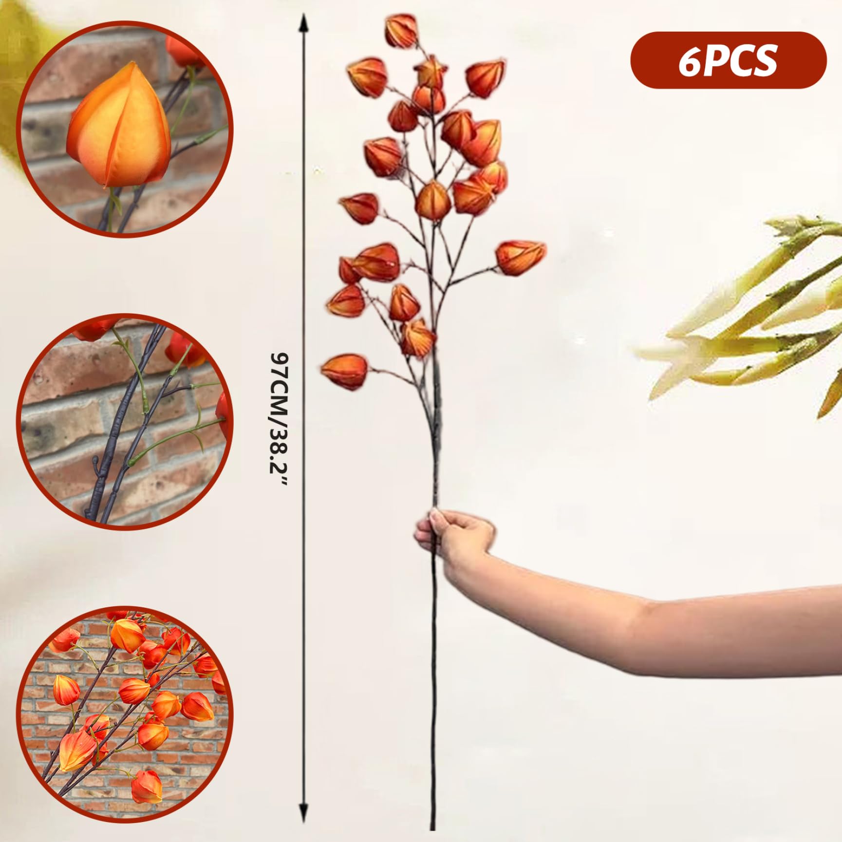 6 Stück chinesische Laternenblumen, künstliche Orangenzweige, 97 cm