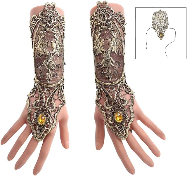 iwobi Women Retro Lace Fingerless Gloves Gothic Floral Lace Long Gloves Steampunk Style Wristband Ring Vintage Beaded Handmade Lace Up Gloves