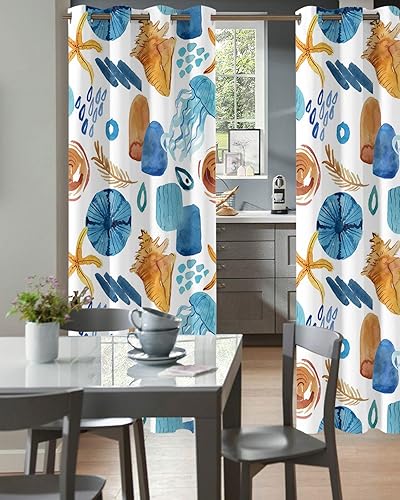 Miniatura 2 de Summer Beach Doorway Curtains - Blackout Curtains 96 Inches Long, Ocean Jellyfish Starfish Coastal Tropical Leaves Sliding Door Curtains Grommet