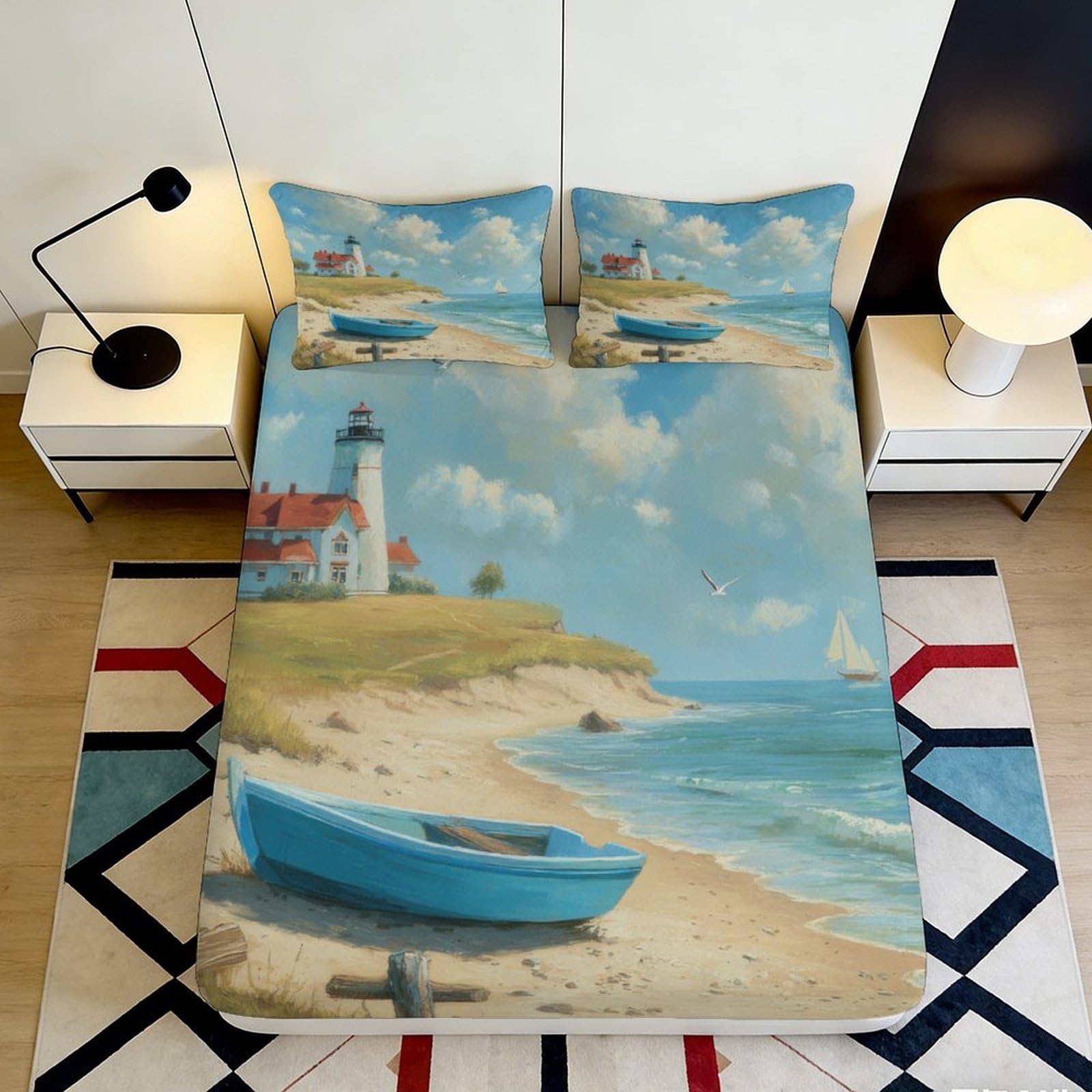 3D Printed Ocean Lighthouse Fitted Sheet Microfiber Deep Pocket Non-Slip Coastal Mattress Fitted Cover Washable Bedding for Bedroom 90x200x25cm